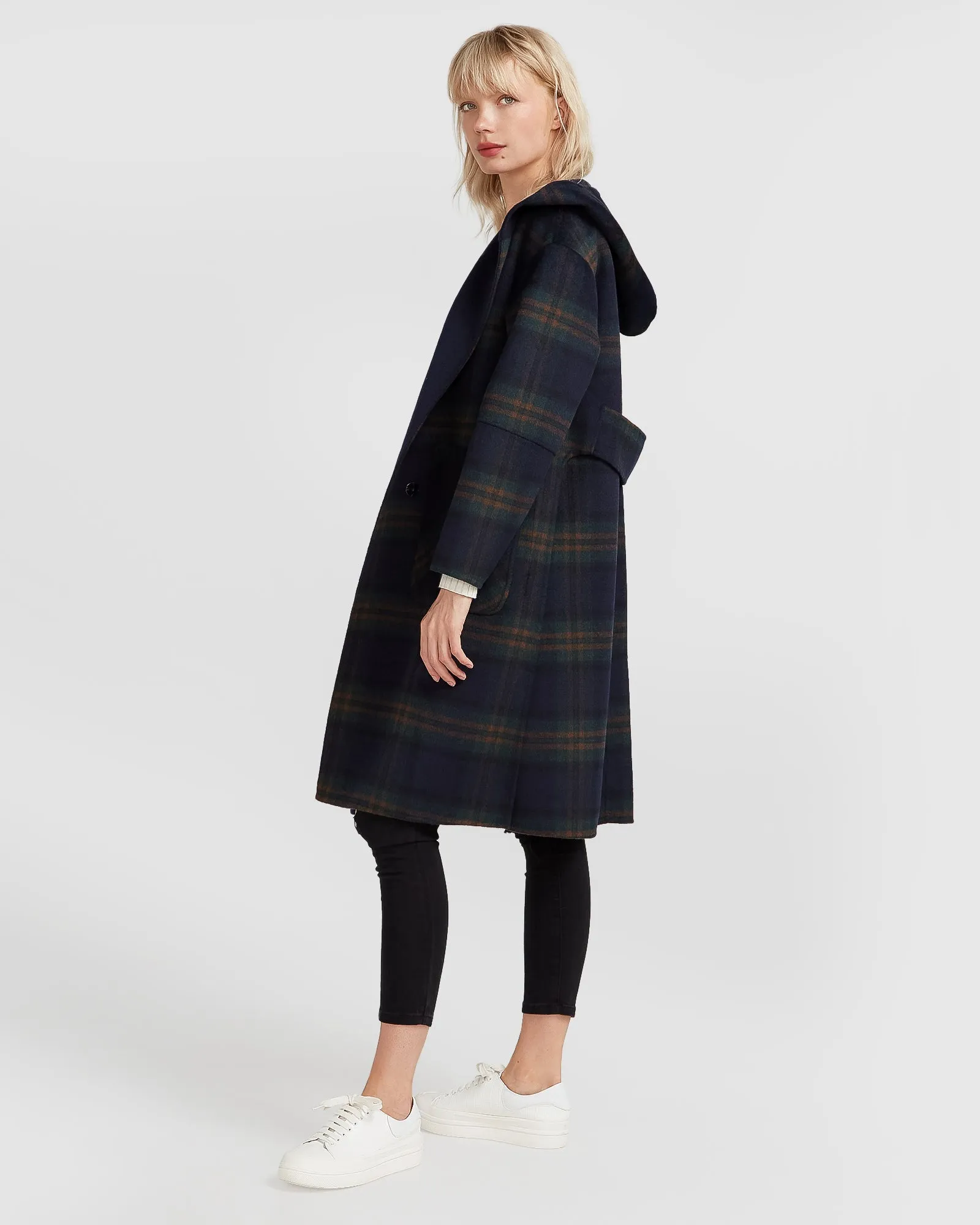 Walk This Way Wool Blend Oversized Coat - French Navy Plaid