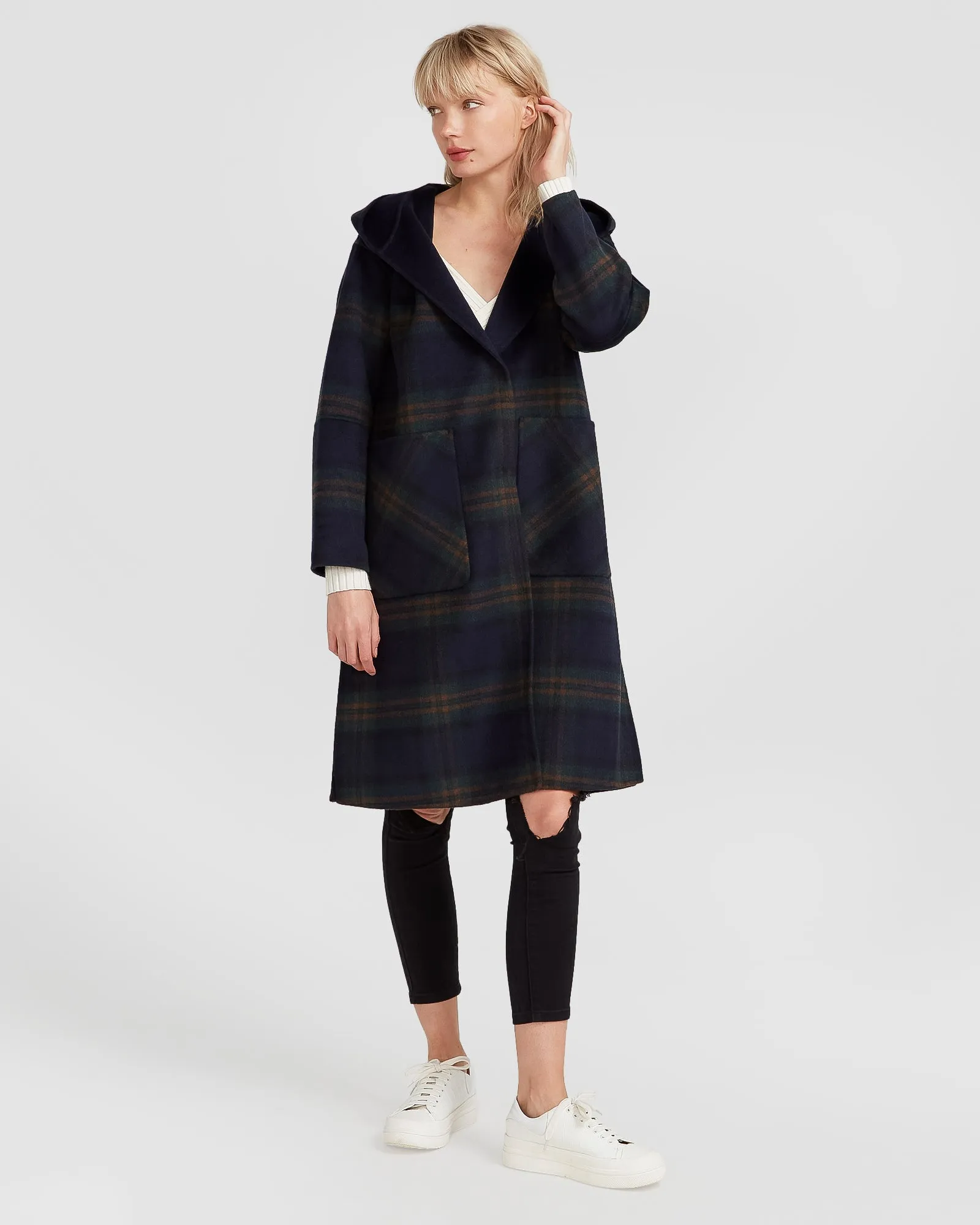 Walk This Way Wool Blend Oversized Coat - French Navy Plaid