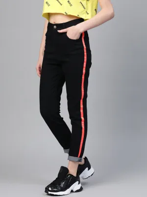 Women Black Side Tape Jeans