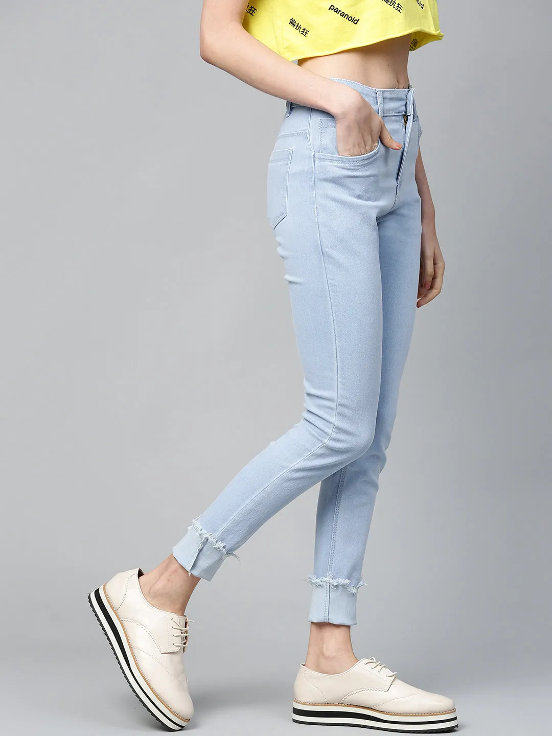 Women Ice Blue Uneven Raw Basic Jeans