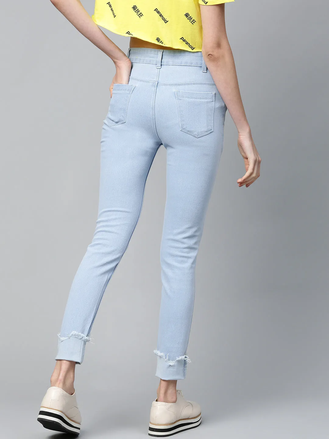 Women Ice Blue Uneven Raw Basic Jeans