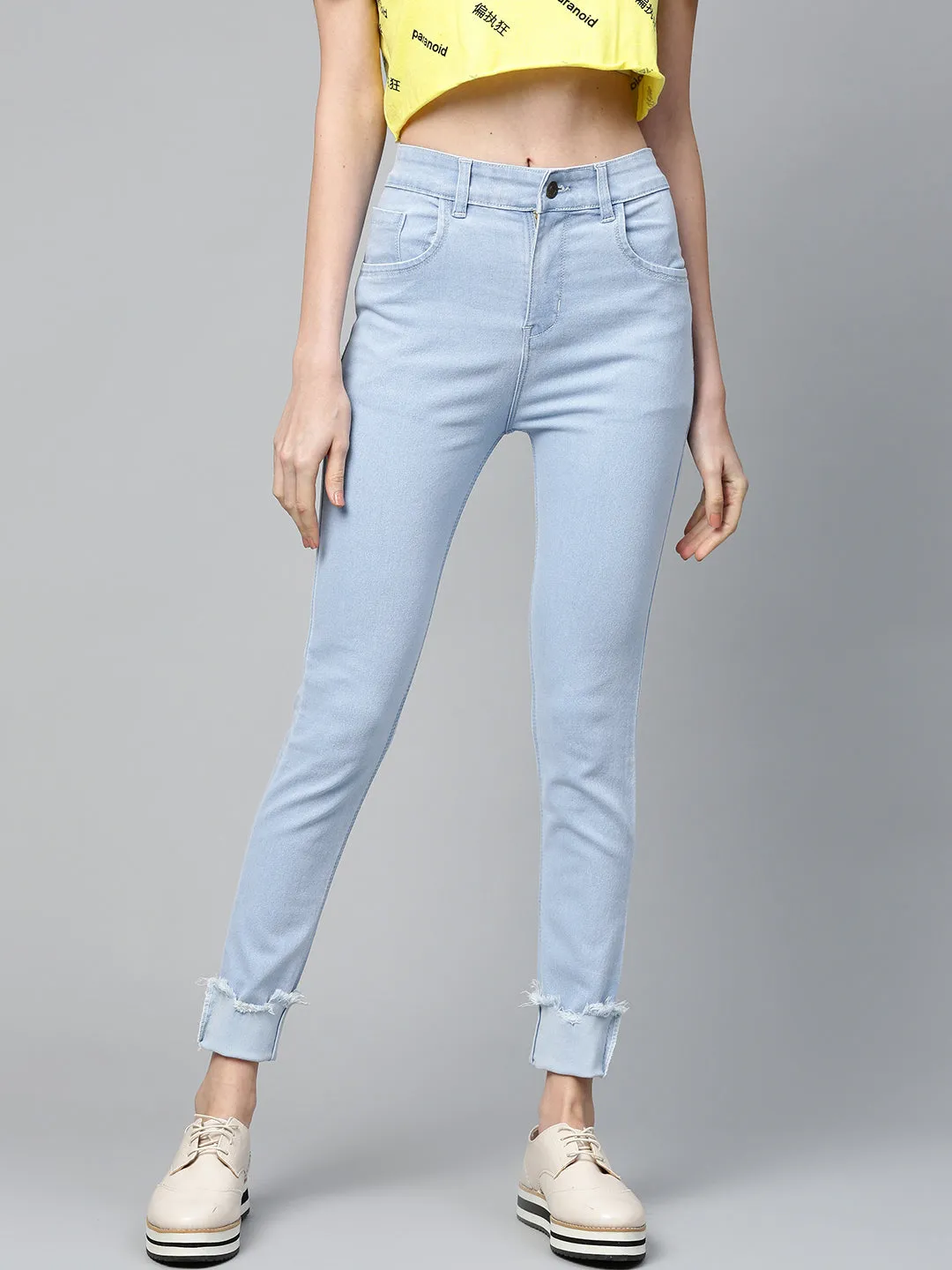 Women Ice Blue Uneven Raw Basic Jeans